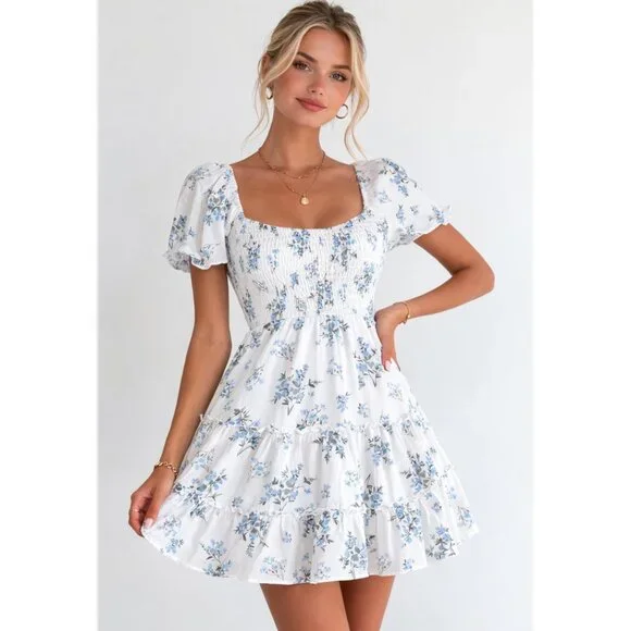 Hollister Blue & White Floral Tie Back Mini Dress | Size Small - Picture 2 of 11